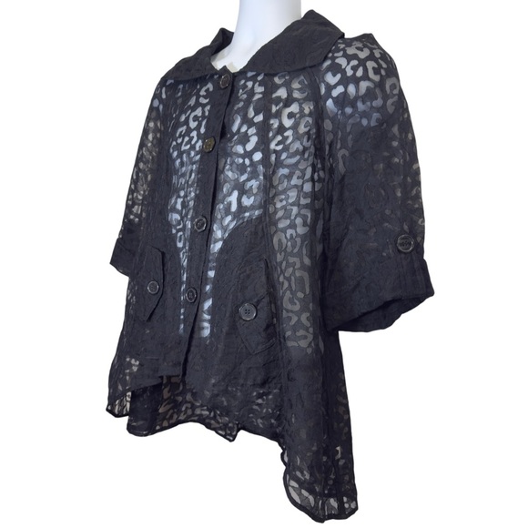 Black Sheer Lace Leopard Print Burnout Asymmetrical Big Button-Up Blazer Blouse - Picture 3 of 8